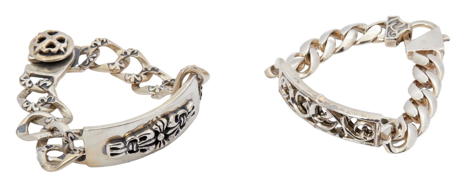 ZZ TOP | DUSTY HILL ID BRACELETS: A sterling silver curb link ID bracelet by Stephen Webster marked "925" and signed on the underside of ID. Together with a bracelet marked "925" with cross motif, unsigned. Aggrega