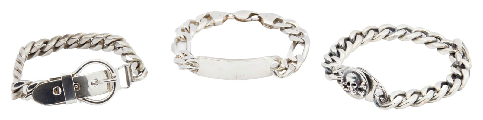 ZZ TOP | DUSTY HILL SILVER CHAIN BRACELETS: Three sterling silver flat curb link bracelets all marked "925." The first is marked "Mexico" with unique buckle closure, adjustable size. The second is a blank ID bracelet marked