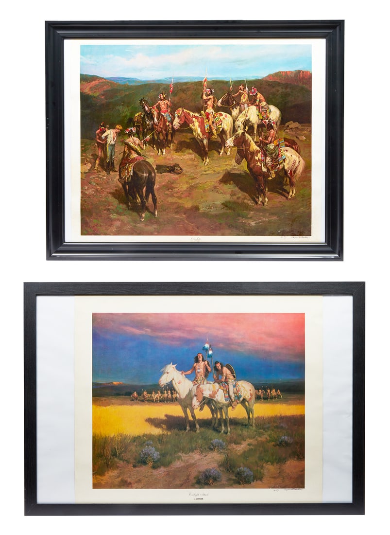 ZZ TOP | DUSTY HILL NATIVE AMERICAN THEMED LAJOS MARKOS PRINTS: Two framed limited edition, Lajos Markos prints with artist's blind stamp lower right, both marked "A.P." for artist proof, signed by the artist in black ink lower right. The first title