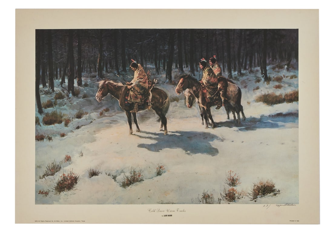 ZZ TOP | DUSTY HILL NATIVE AMERICAN THEMED LAJOS MARKOS PRINTS: Two limited edition, Lajos Markos prints with artist's blind stamp lower right, both marked "A.P." for artist proof, signed by the artist in black ink lower right. The first, titled &quo