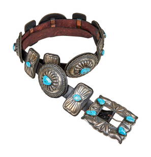 ZZ TOP | DUSTY HILL SILVER BELT BY LAWRENCE DELGARITO: A sterling silver and turquoise belt with 11 Conchos and large buckle by Navajo artist Lawrence &quot;Two Dogs&quot; Delgarito. The panels are substantial and center on large pieces of Birdseye Morenc