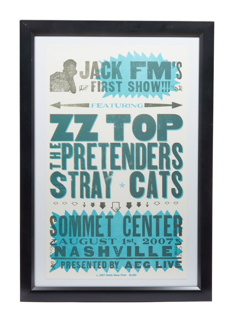 ZZ TOP | DUSTY HILL 2007 WITH STRAY CATS AND PRETENDERS POSTER: A framed Hatch concert poster for "Jack FM's First Show" featuring ZZ Top, The Pretenders, and the Stray Cats at the Summit Center, Nashville on August 1, 2007. Dimensions: Overall: 26 b