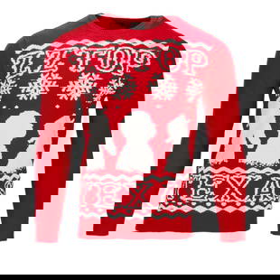 ZZ TOP | DUSTY HILL CHRISTMAS SWEATER: A red and white cotton ZZ Top brand Christmas sweater featuring profile portraits of Dusty, Billy Gibbons and Frank Beard, size S. PROVENANCE From The Estate of Dusty Hill