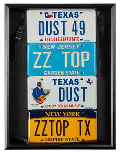 ZZ TOP | DUSTY HILL PERSONALIZED LICENSE PLATES: A shadowbox frame with Dusty / ZZ Top custom license plates. The two plates from Texas, reading &quot;Dust 49&quot; and &quot;Dust,&quot; are plates that belonged to Dusty personally. They are framed