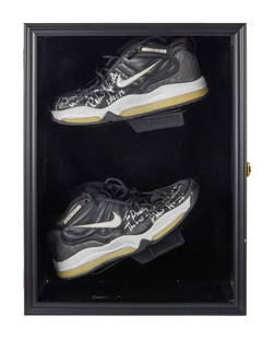 ZZ TOP | DUSTY HILL LAKERS ROBERT HORRY SIGNED SNEAKERS: A pair of black Nike Force sneakers each shoe signed and inscribed in silver marker by Robert Horry, the left is signed "To Dusty, U the Man Robert Horry Lakers" the right shoe is signed &qu