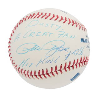 ZZ TOP | DUSTY HILL BASEBALLS SIGNED BY PETE ROSE: Two Pete Rose signed baseballs, the first is an official Major League single signed baseball, Selig commissioner, signed and personally inscribed in blue ink "Dusty / A Great Fan / Pete Rose / Hi