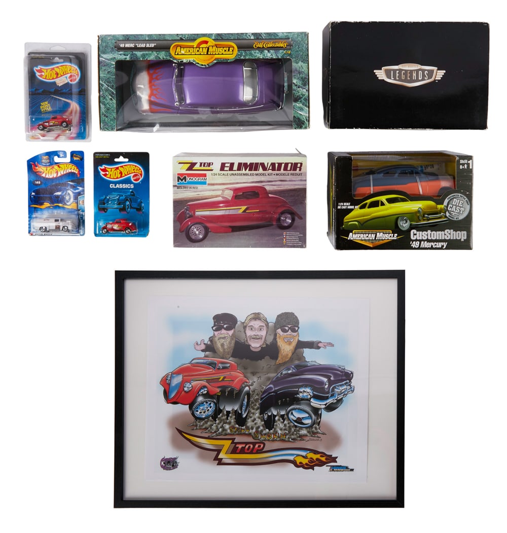 ZZ TOP | DUSTY HILL HOT ROD COLLECTIBLES: A group of ZZ Top Hot Rod related memorabilia including: an Eliminator car model in original packaging by Monogram; a limited edition Hot Wheels Legends Cadzilla car in original packaging; a '49 M
