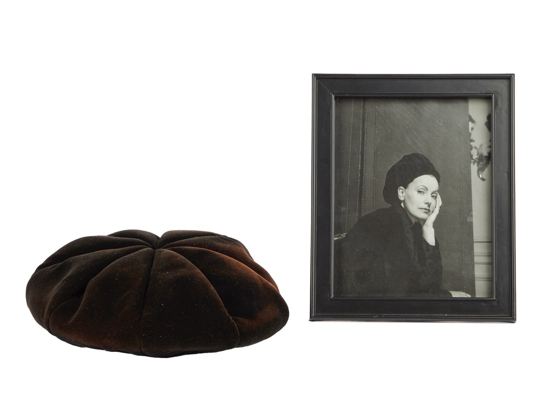 Greta Garbo | Black Velvet Beret: A black velvet paneled beret and Cecil Beaton portrait photography that belonged to Greta Garbo. A black velvet paneled beret with an internal grosgrain band at the crown, the velvet is backed w