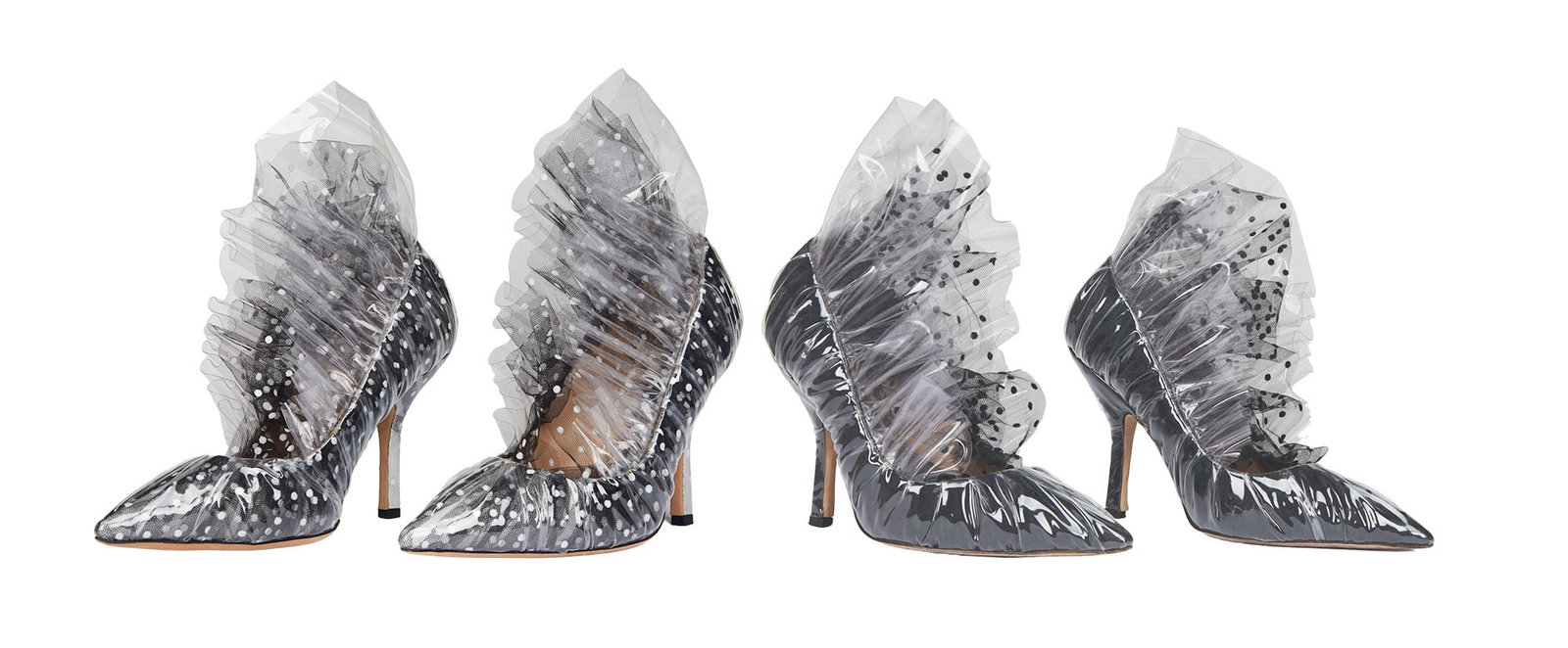Designer Pumps | Two Pairs Of Midnight 00 Stiletto Heels: Lot 28: Designer Pumps | Two Pairs Of Midnight 00 Stiletto Heels Two pairs of Midnight 00 stiletto heels, sleek stiletto-heel pumps with swiss-dot tulle with clear PVC overlay that is gathered along t