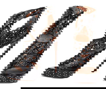 Alaia | Leather Platform Gladiator Silver Studded Stilettos: Lot 33: Alaia | Leather Platform Gladiator Silver Studded Stilettos A pair of Azzedine Alaia black laser-cut leather platform gladiator stilettos with silver-tone studded accents, each platform has an