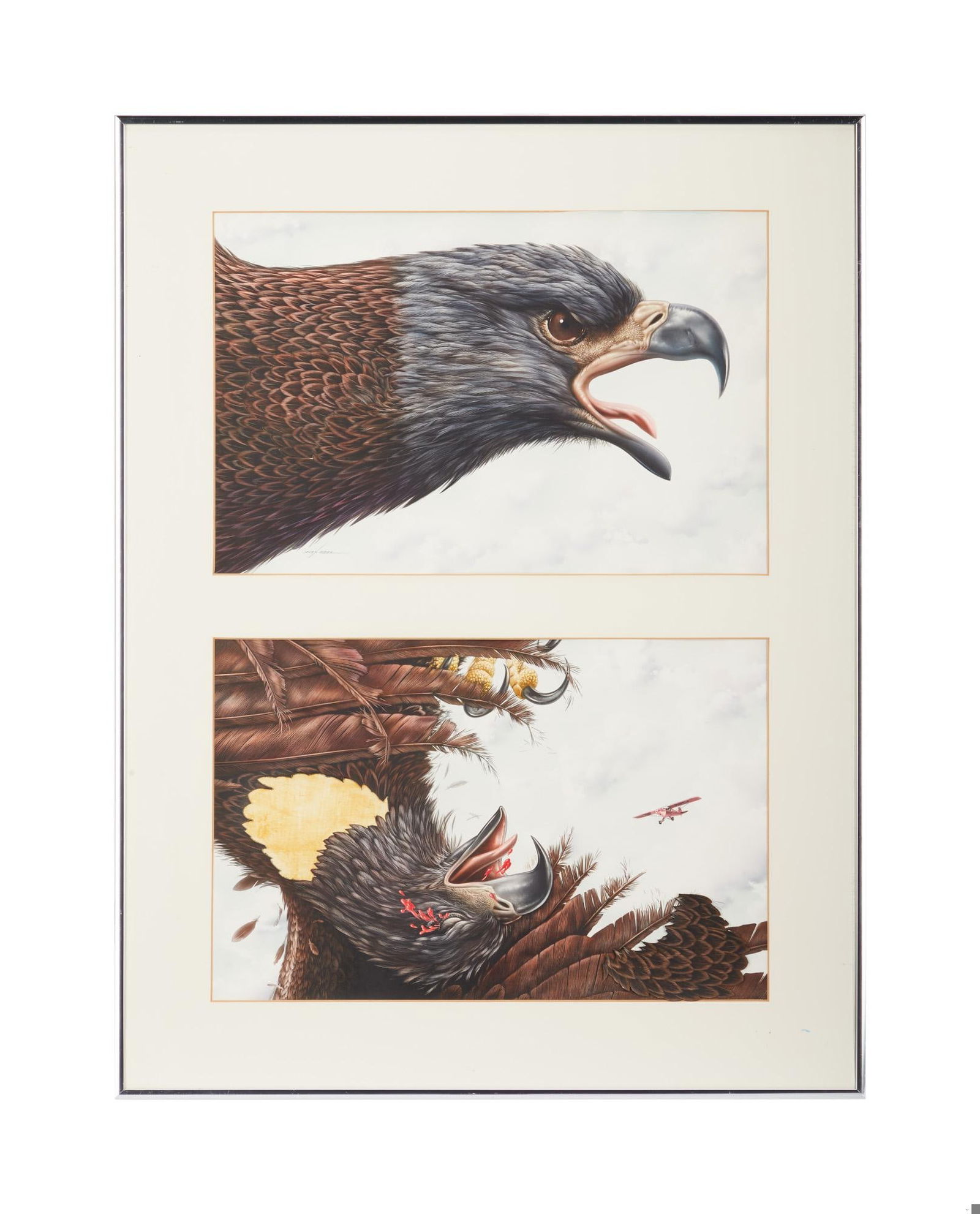 Playboy | Alex Ebel Top Of The World Collages: Alex Ebel (American, 1927-2013) two original mixed media collages of an eagle titled "Top of the World," one signed lower left. This artwork appeared on pp. 152-155 of the December 1974 issu
