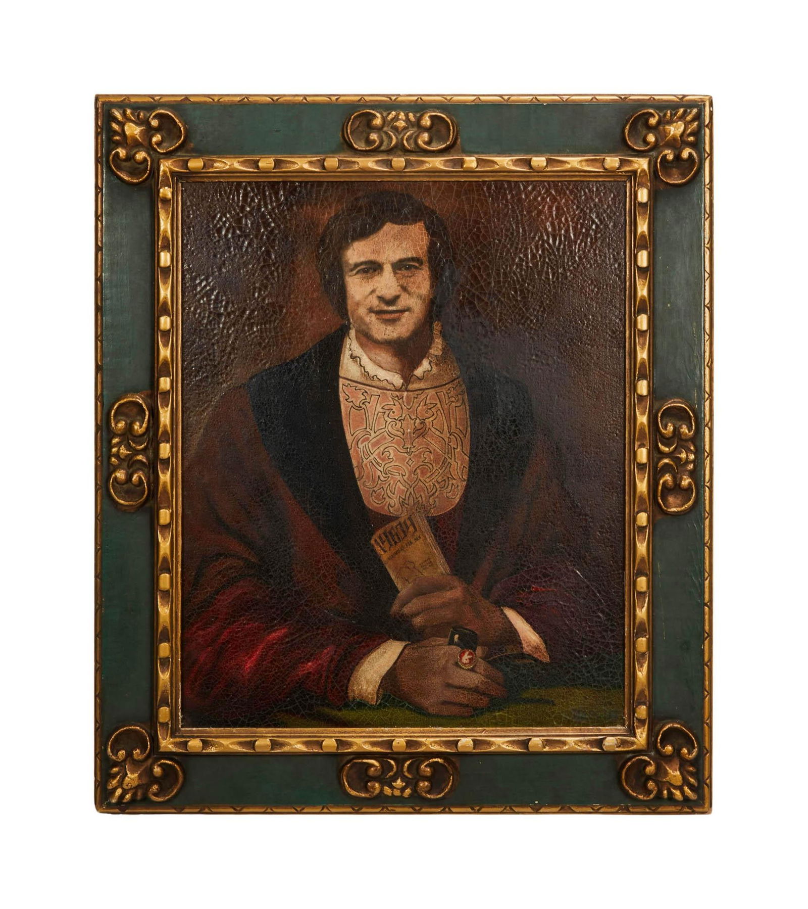 Playboy | Hugh Hefner | After D. Marchi Portrait Of Hugh Hefner: After D. Marchi (20th century) mixed media on canvas portrait of Hugh Hefner signed "Marchi" lower right and inscribed on verso, " Peinture du Duc Hug[illegible] d'apres D. Marchi.&