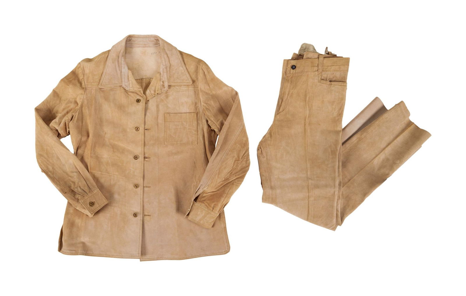Hugh Hefner | Vintage Suede Suit: A vintage brown suede two-piece set including a button-down top with a single breast pocket, gold-tone buttons, and a dagger collar, as well as a pair of matching trousers. Labeled, "Highlander.&