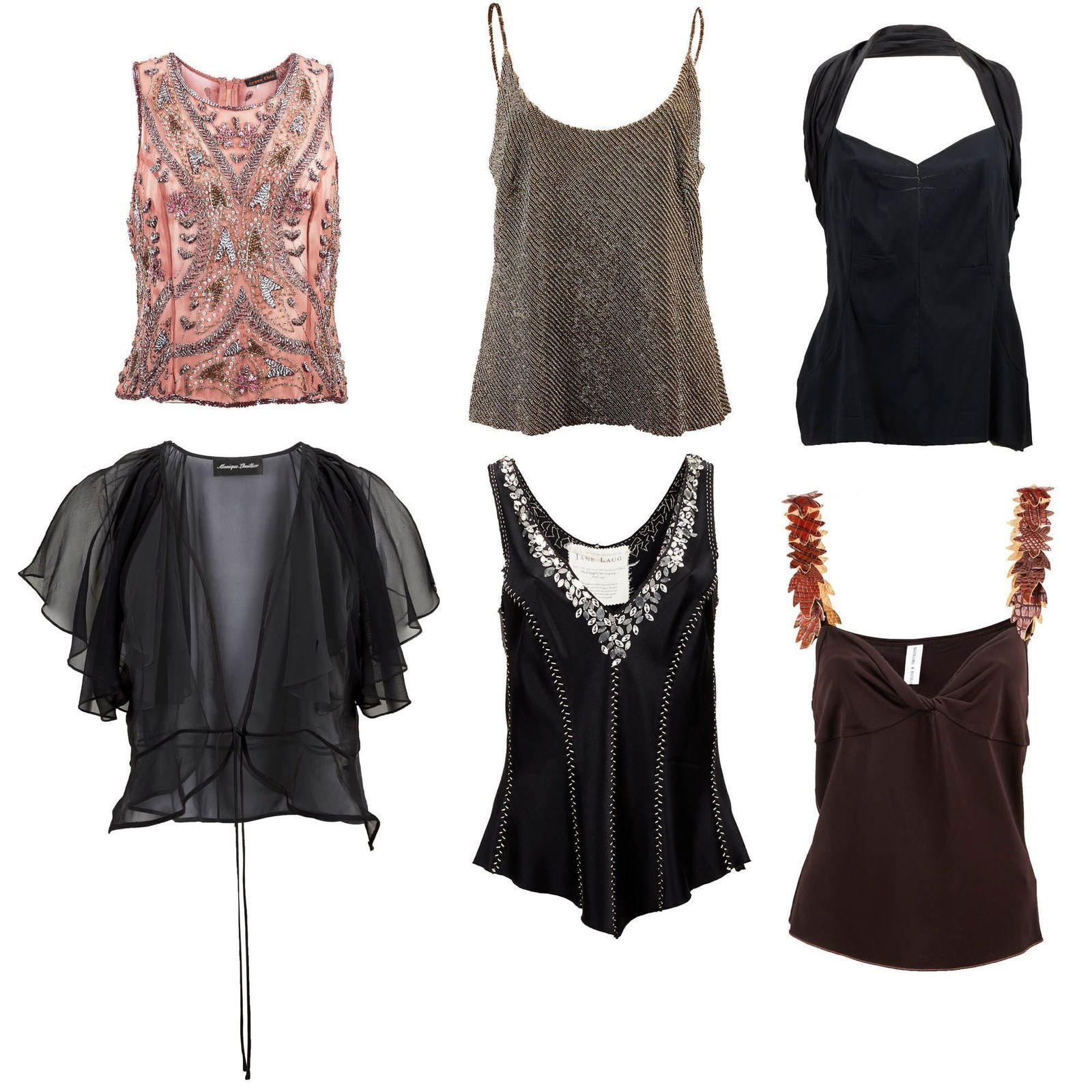 Raquel Welch | Six Evening Blouses: A group of six evening blouses, one Monique Lhuillier black, sheer silk, cover-up with ruffled sleeves, size 10, one Ralph Lauren bronze silk beaded spaghetti strap camisole blouse, size 12, one Jane