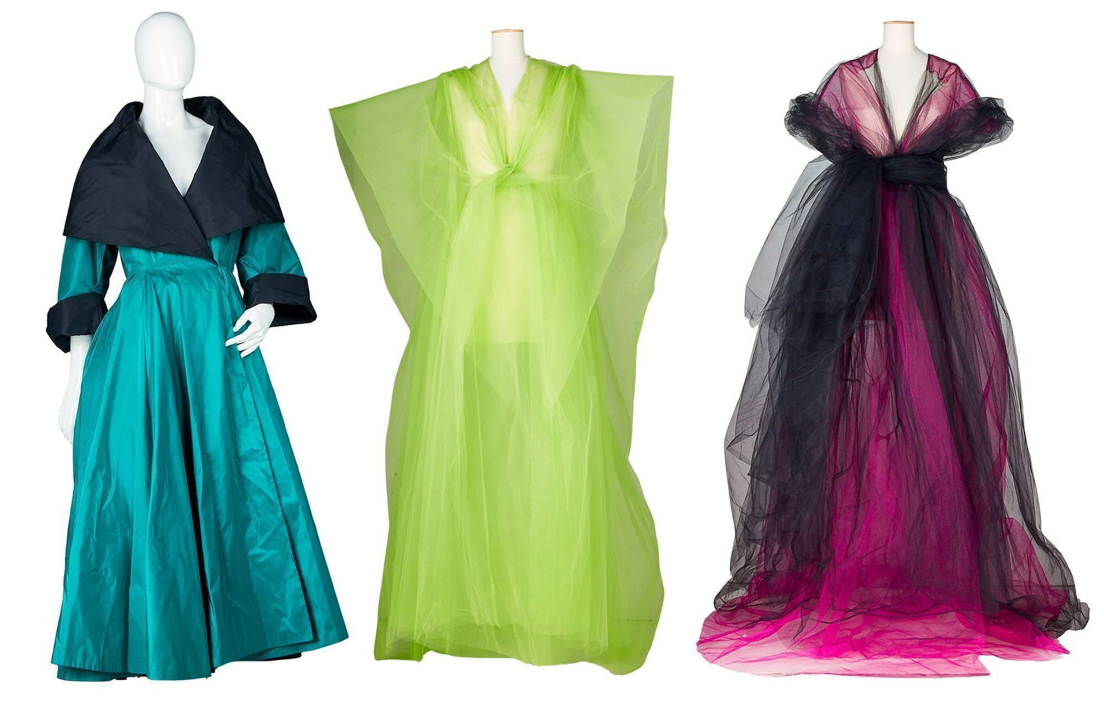 Raquel Welch | Performance Worn Norma Kamali Opera Coat And Additional Event Worn Evening Jacket: A group of three opera coats, one black and emerald satin Norma Kamali, two tulle Fernando Sanchez, one chartreuse, and one black and magenta (black and magenta is missing designer label). The Norma K