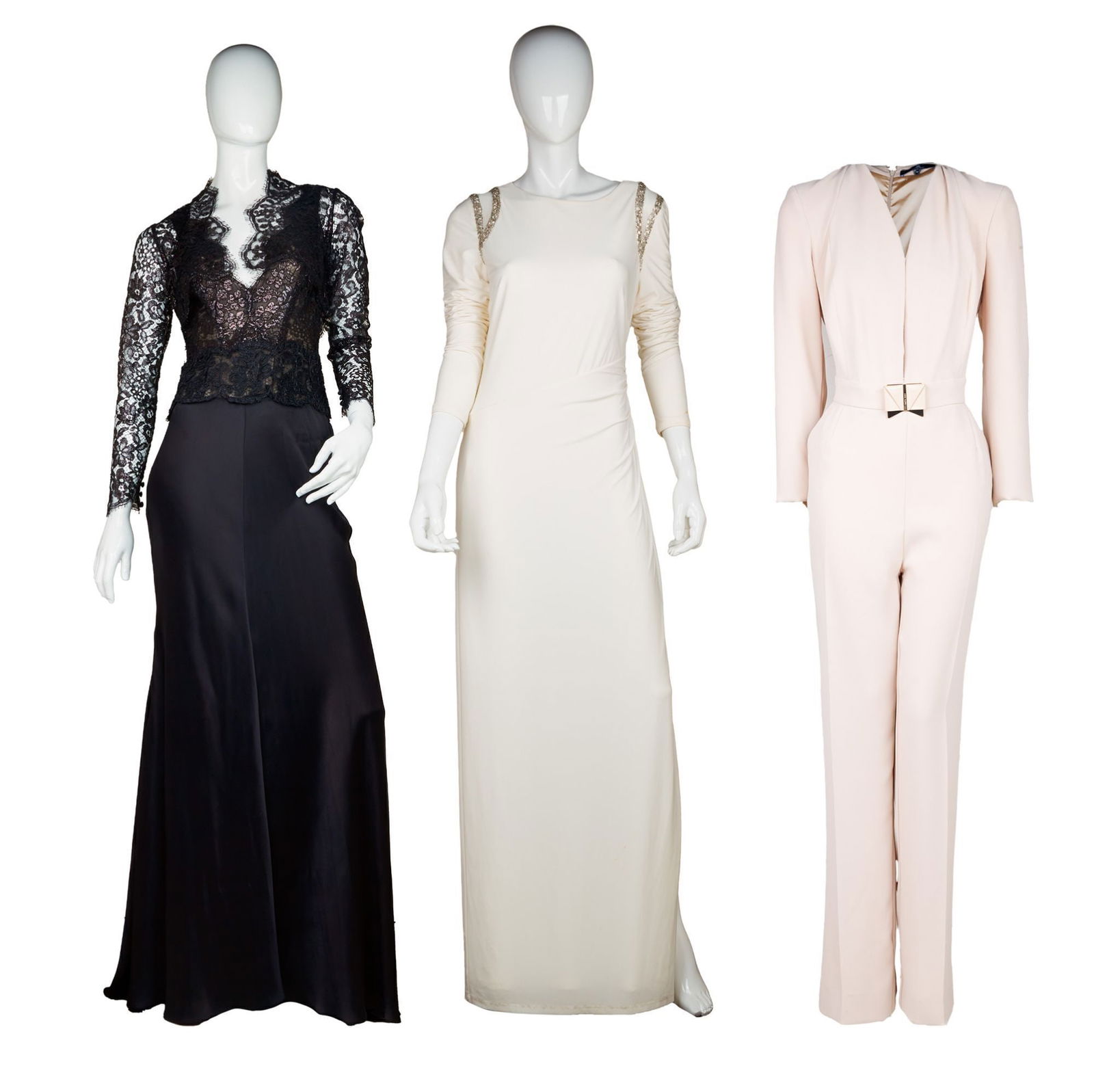 Raquel Welch | 1996 Tony Awards Fernando Sanchez Gown And Additional Evening Gowns/Jumpsuit: A group of three evening wear garments, two gowns, and one jumpsuit, one (event worn) Fernando Sanchez black evening gown with lace bolero, the gown has a lace bodice with a silk bias cut skirt and a