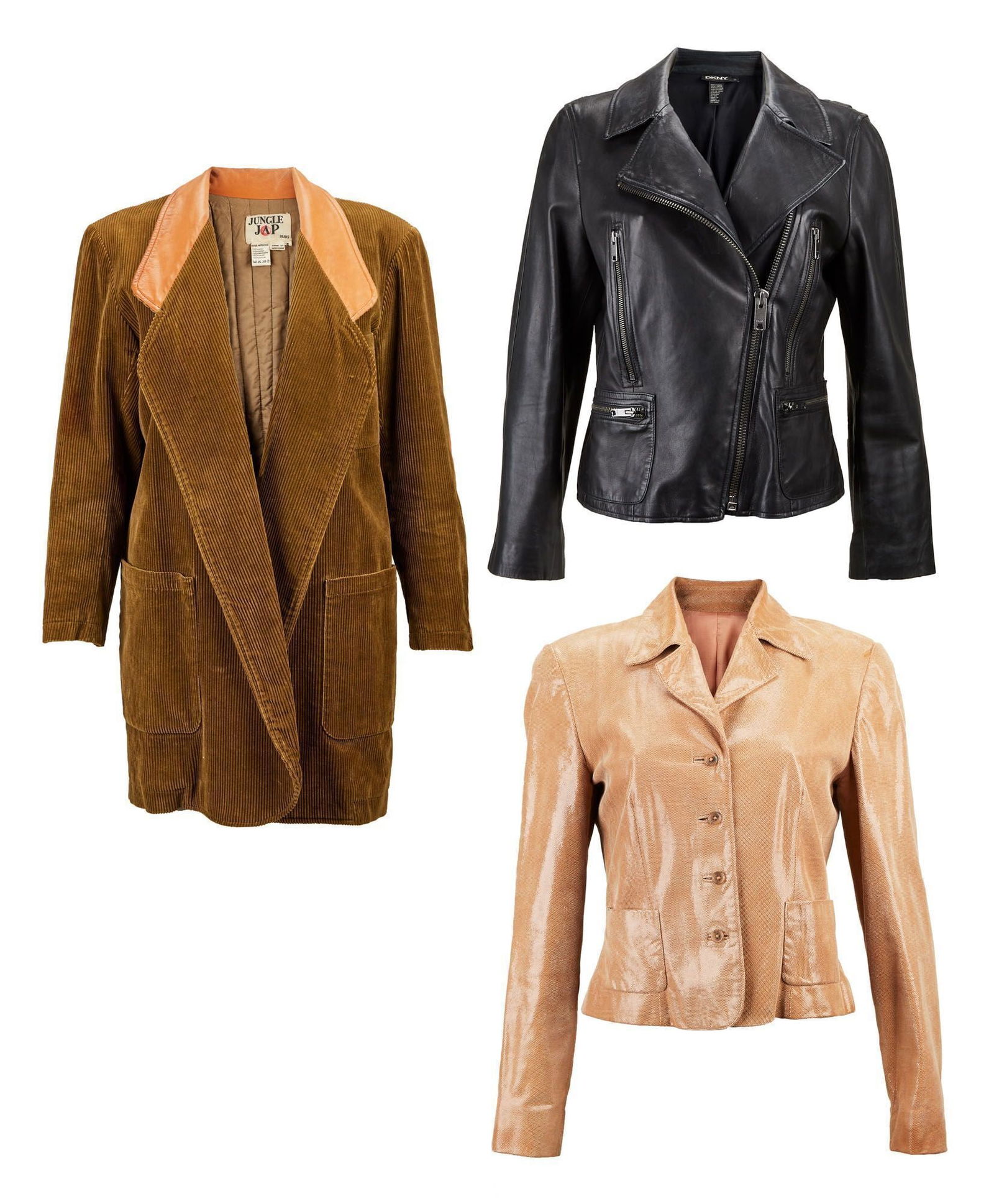 Raquel Welch | 2000 Event Worn Leather Jacket And Two Additional Jackets: A group of three jackets, one event-worn unlabeled embossed tan leather blazer with coated sheen, one Kenzo brown corduroy blazer with leather elbow patches, and one black leather DKNY jacket. Welch w
