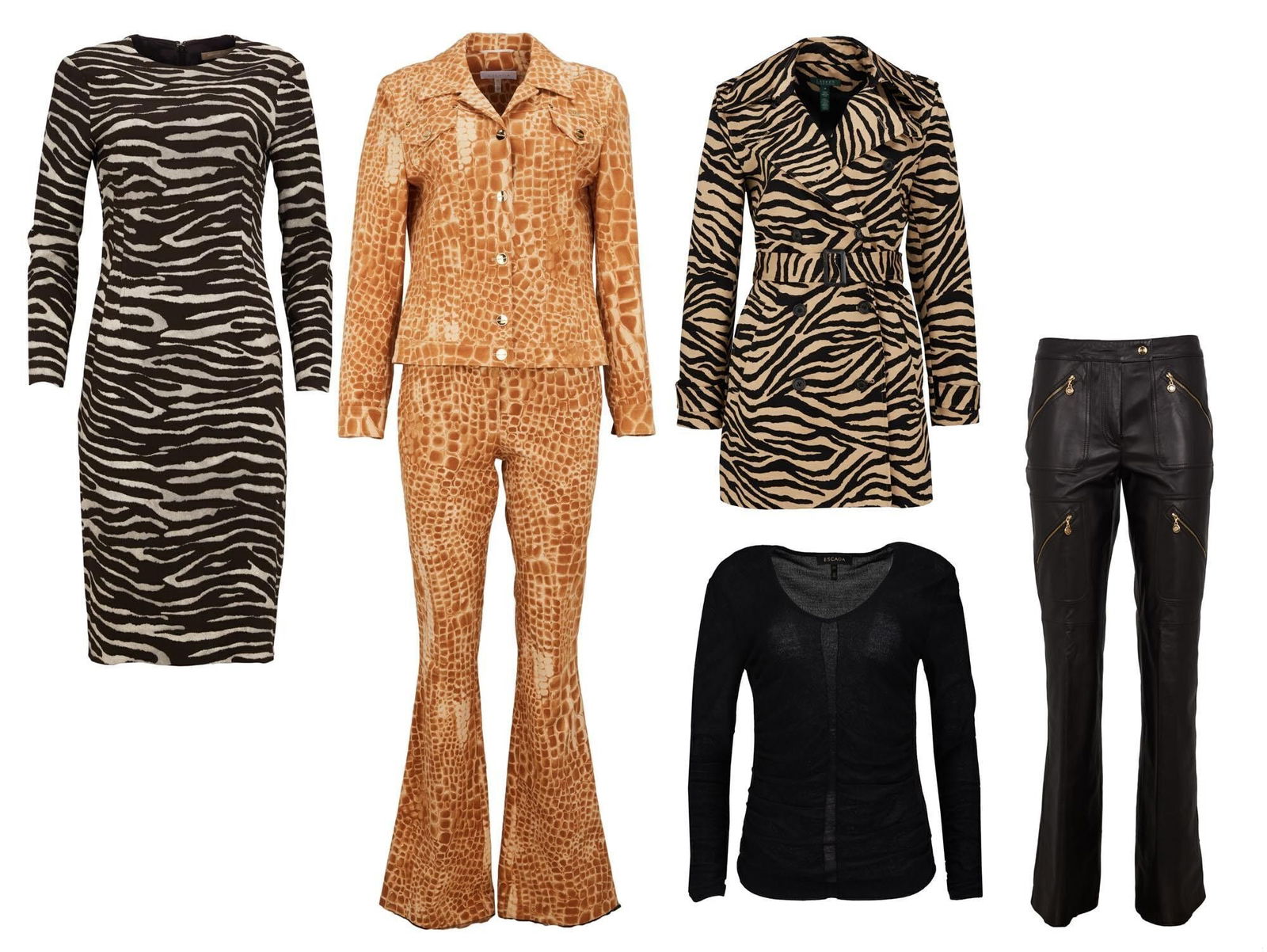 Raquel Welch | Photographed Animal Print Escada Suit And Additional Garments with Photo: A group of womenswear pieces, an Escada animal-print suit with a photo of Raquel modeling the ensemble, a pair of leather Escada pants, an Escada black viscose knit sweater, a Lauren Ralph Lauren tren