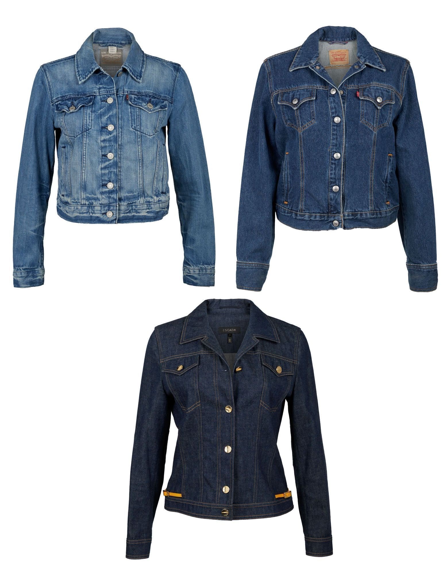 Raquel Welch | Denim Jackets: A group of three blue denim jackets, including the following: a jacket with metal buttons, tan leather trim, and an Escada label, size 36: a jacket with a Levi Strauss label, size medium; and a croppe