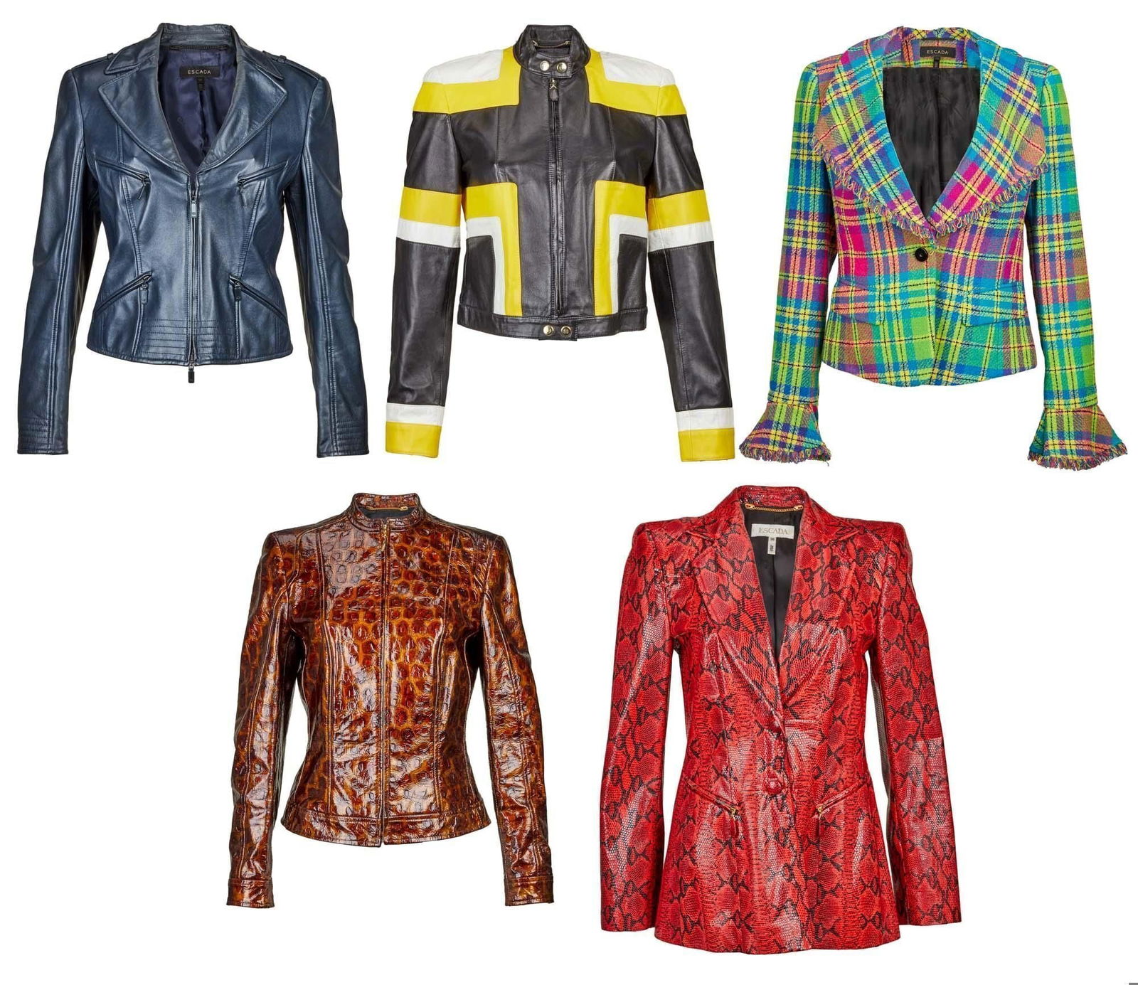 Raquel Welch | Escada Jacket and Blazers: A group of five Escada jackets, four leather, and one multi-color wool tweed (sizes vary). One tortoiseshell-colored coated leather jacket with gold-tone zippers at the front and wrists (size 36), one
