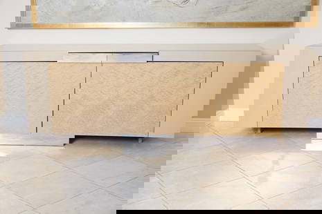 Raquel Welch | Giorgio Collection Sideboard: An Italian burr satinwood and faux exotic leather sideboard, by Giorgio Collection; with a pair of doors opening to an interior divided into two halves, each side fitted with a long drawer above a gla