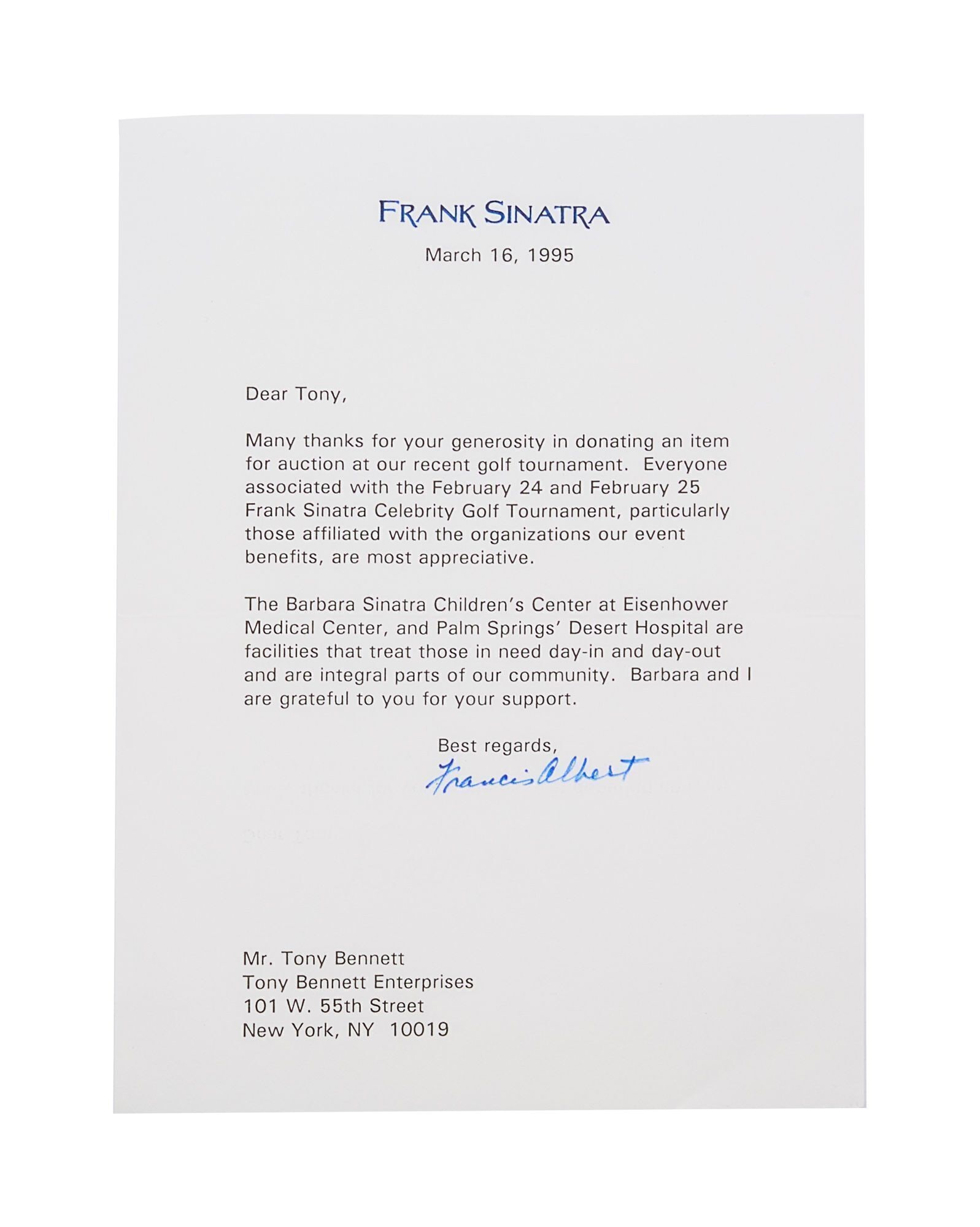 Tony Bennett | Frank Sinatra Signed 1995 Thank You Letter (1 of 3)