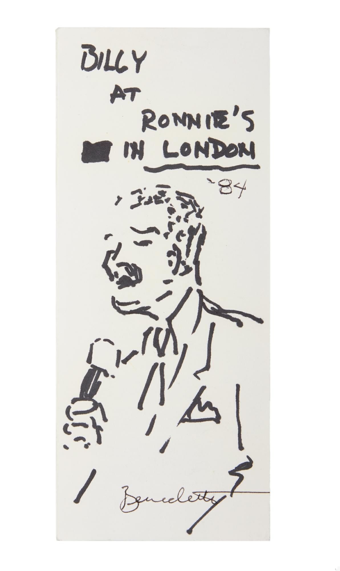 Tony Bennett | Original Billy Eckstine Sketch: Tony Bennett (American, 1926-2023) marker on paper drawing of jazz singer Billy Eckstine titled "Billy / at / Ronnie's / in London / '84" signed "Benedetto" lower center. The sketch is on verso of a p