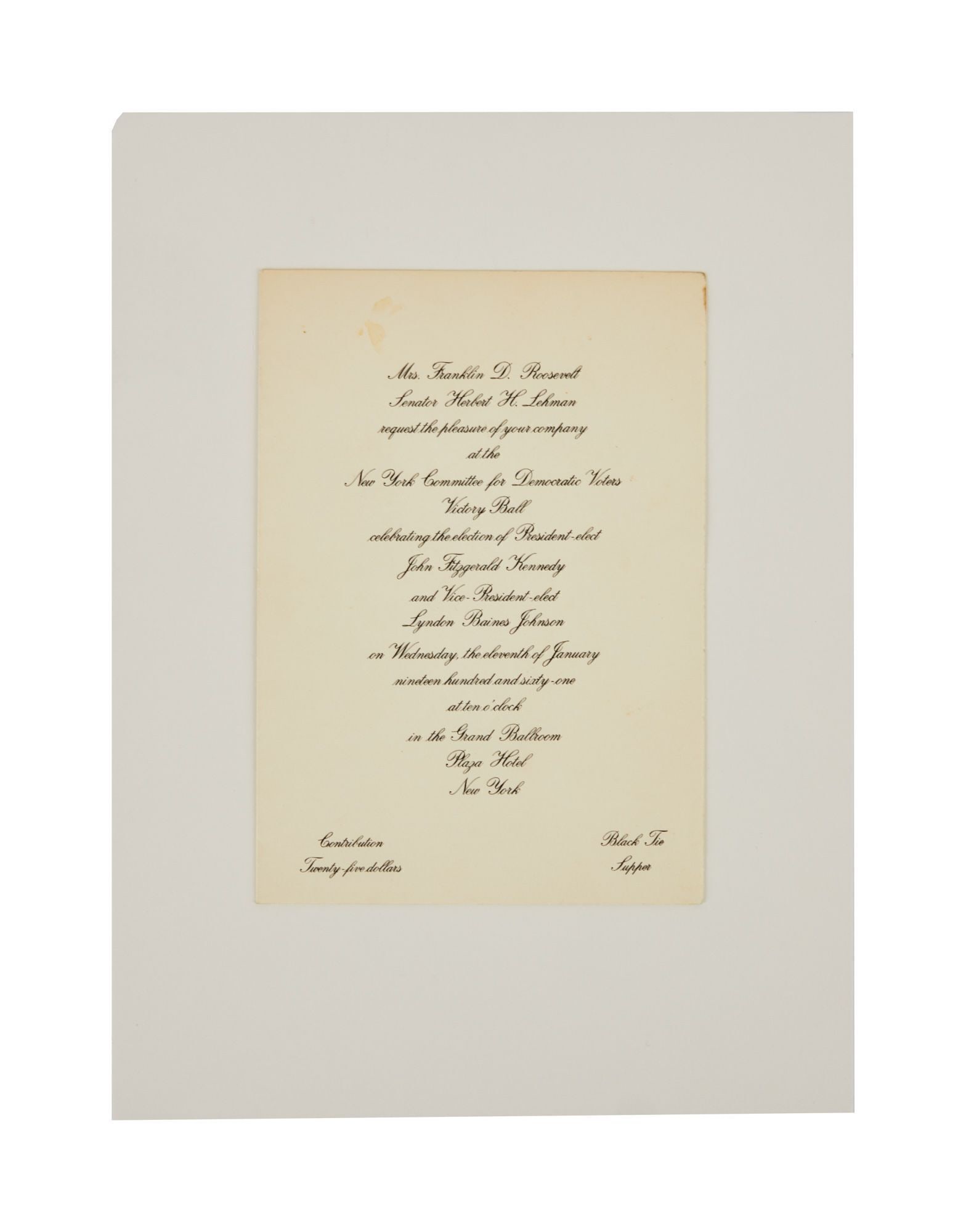 Tony Bennett | 1961 John F. Kennedy Victory Ball Invitation: An invitation to the Victory Ball for President-Elect John F. Kennedy and Vice President-Elect Lyndon B. Johnson on January 11, 1961 at the Grand Ballroom at the Plaza Hotel in New York. The invitatio