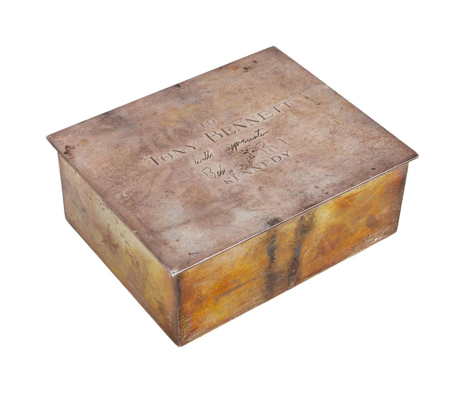 Tony Bennett | Robert Kennedy Personalized Box: A Tiffany & Co. sterling silver box with wooden interior. The lid of the box is engraved "To Tony Bennett / with appreciation / Bob and Ethel Kennedy." The names "Bob" and "Ethel" are etched as facsim
