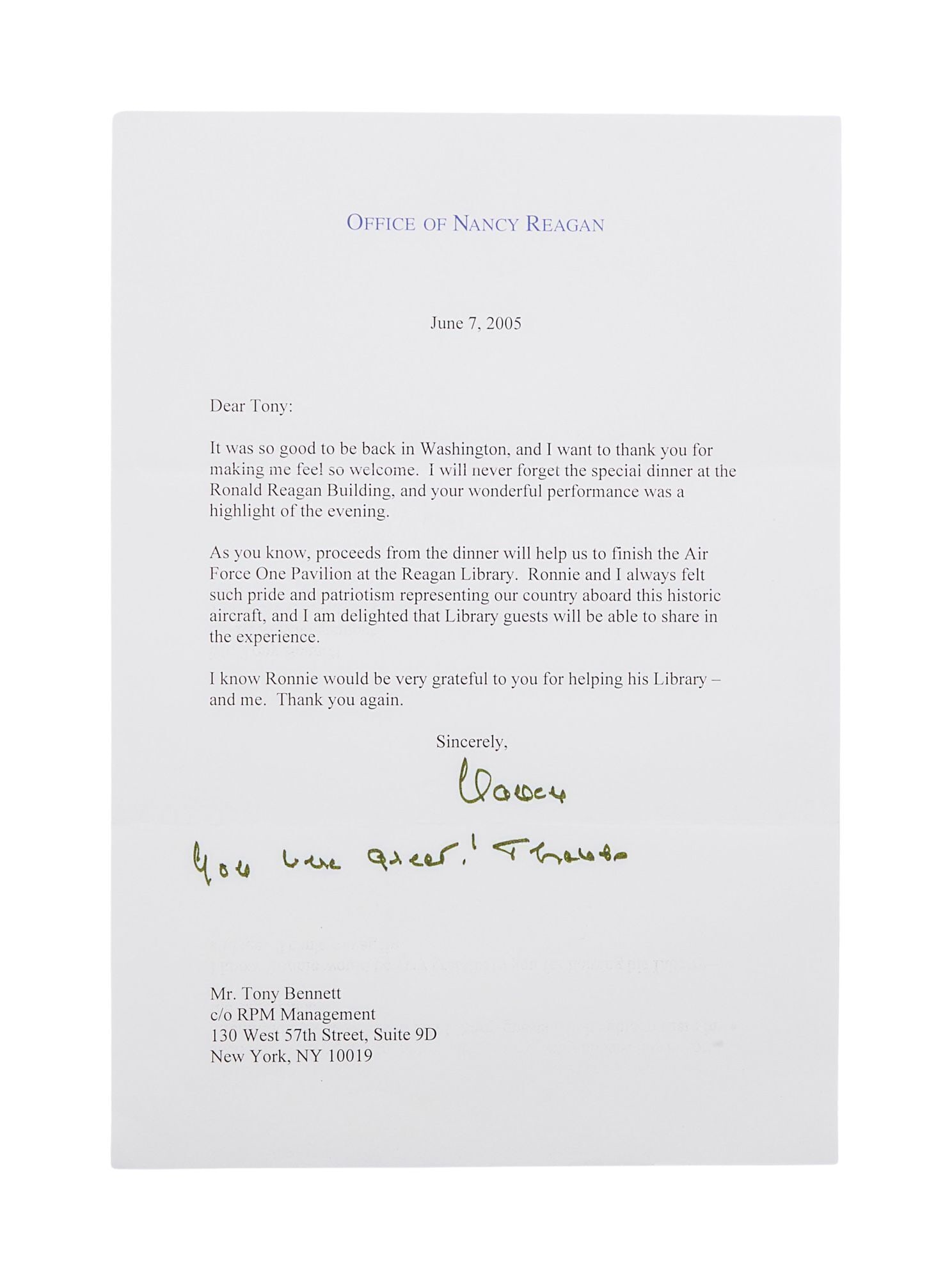 Tony Bennett | Nancy Reagan 2005 Signed Thank You Letter (1 of 2)