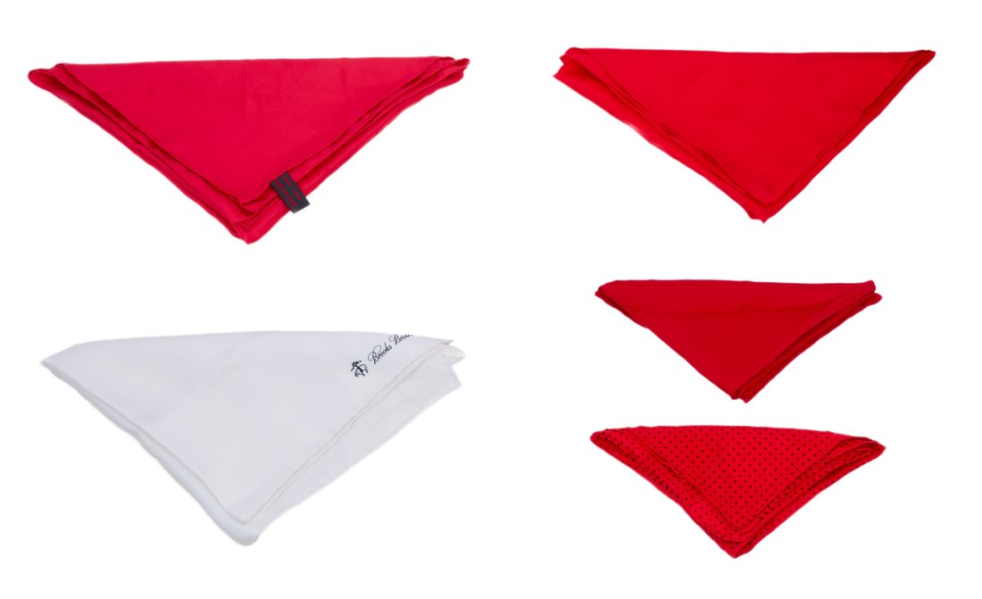 Tony Bennett | Signature Red Pocket Squares: Four hand rolled silk pocket squares in shades of red, one branded "Brioni." Together with an ivory hand rolled silk pocket square branded "Brooks Brothers." Tony Bennett's signature style was a red p