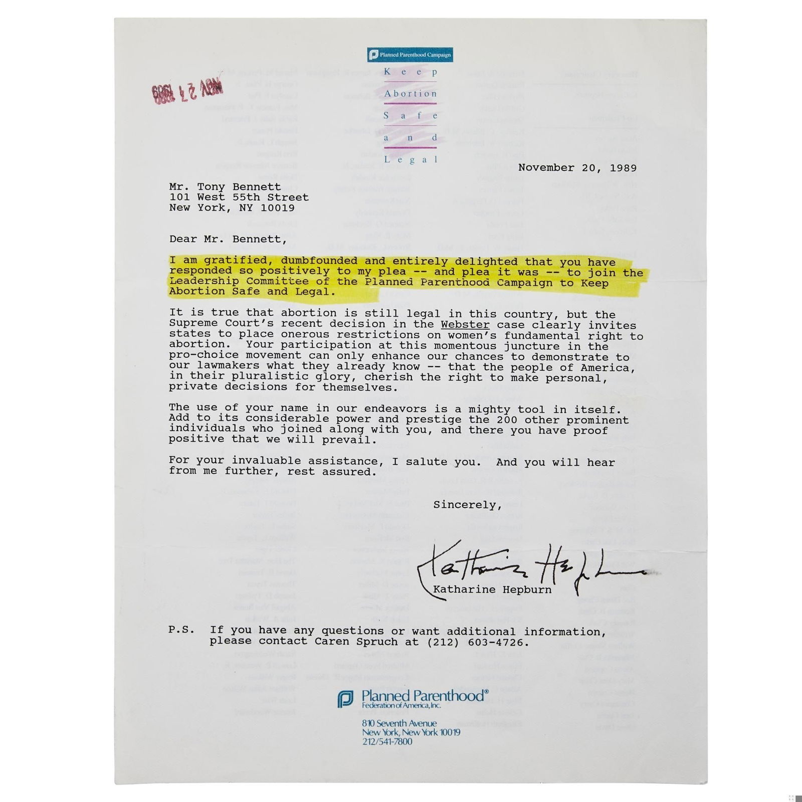 Tony Bennett | Katharine Hepburn 1989 Signed Letter (1 of 3)