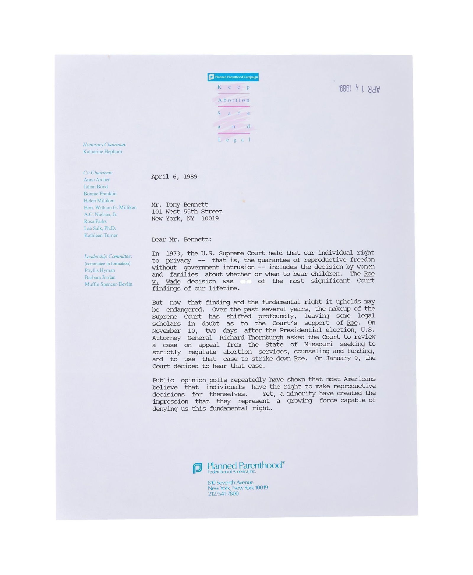 Tony Bennett | Katharine Hepburn 1989 Signed Letter (1 of 2)