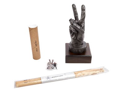 Sir Ringo Starr | Limited-Edition "Peace Hands" Statuette and Drumsticks: A life-size casting of the drummer's right hand rendered in cold cast pewter "holding" two of the official Ringo Starr Signature Peace & Love drumsticks; included is a COA signed by the Beatle and