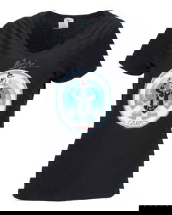 Sir Ringo Starr | Signed Concert T-Shirt: A women's black cotton-blend t-shirt, short sleeves, v-neck, image of the drummer appears on front above a date reading "7.7.2020," signed on the front in silver felt-tip ink "Ringo;" Ladies Size S. 