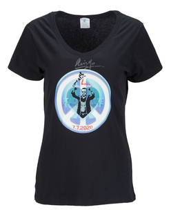 Sir Ringo Starr | Signed Concert T-Shirt: A women's black cotton-blend t-shirt, short sleeves, v-neck, image of the drummer appears on front above a date reading "7.7.2020," signed on the front in silver felt-tip ink "Ringo;" Ladies Size S. 