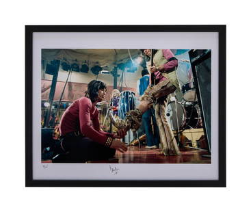 Bill Wyman | Signed Limited-Edition Color Photograph of The Rolling Stones: A color photograph taken by Bill Wyman circa 1968; printed later circa 2000, depicting Mick Jagger, Keith Richards, and Brian Jones on an indoor stage, signed in black felt-tip ink on the lower