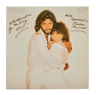 Barbra Streisand | Signed "Guilty" Album: The star's 1980 album featuring an image of her with Barry Gibb on the cover, with a lengthy inscription related to this charity penned in gold felt-tip ink by the star. 12 x 12 inches PROVENANCE