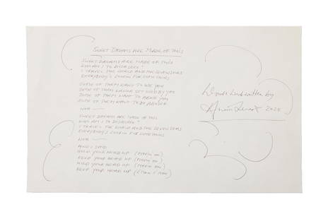 Annie Lennox, OBE | Handwritten "Sweet Dreams Are Made of This" Lyrics: A single sheet of white paper; iconic lyrics to the 1983 hit song penned in black ballpoint ink on left side, signed in same ink on right side "Words handwritten by / Annie Lennox 2020;" this