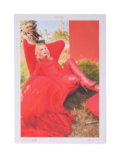 Kylie Minogue, OBE | Signed Limited-Edition "Tension" Poster: A beautiful color image of the singer wearing her red costume from the "Padam Padam" video from her 2023 album, "Tension," signed by her in the lower right corner in black felt-tip ink as well as numb