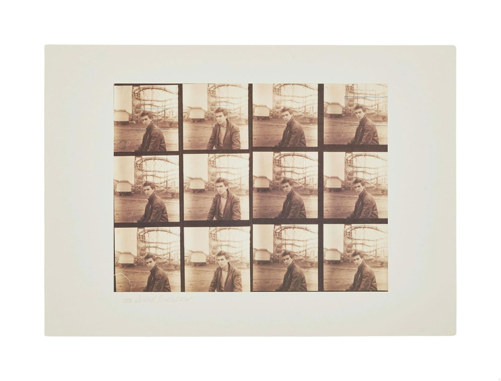 The Beatles | Astrid Kirchherr Signed George Harrison in Hamburg Limited-Edition Print: A limited-edition lithograph print featuring a series of contact sheet images of George Harrison, originally taken by photographer Astrid Kirchherr in November, 1960 at Heiligengiestfeld Square in Ham