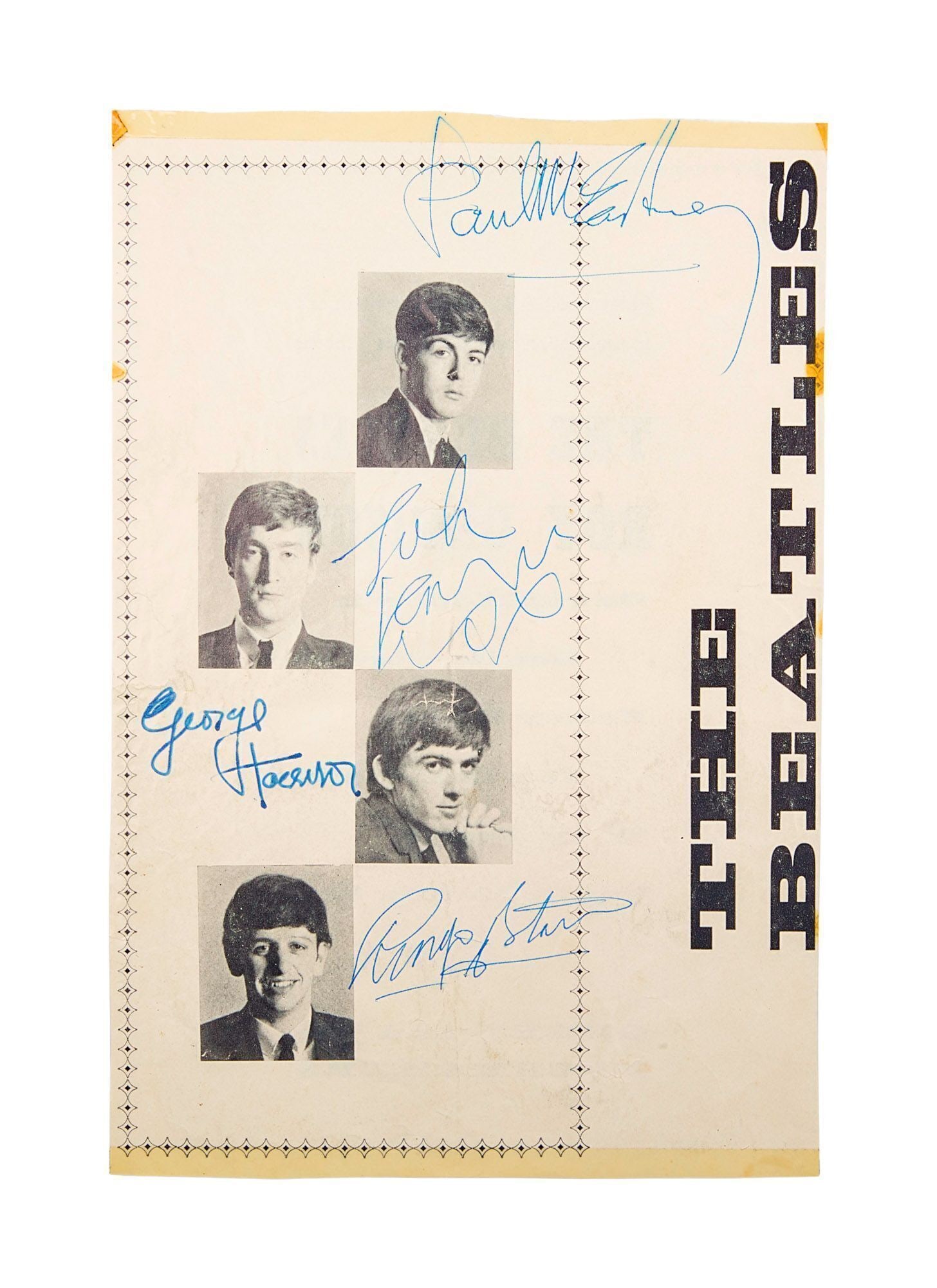 The Beatles | Band-Signed 1963 Tour Program Page: A page from a Beatles/Roy Orbison tour programme signed by John Lennon, Paul McCartney and Ringo Starr in blue ballpoint pen, and by George Harrison in blue ink. The autographs were obtained backstage