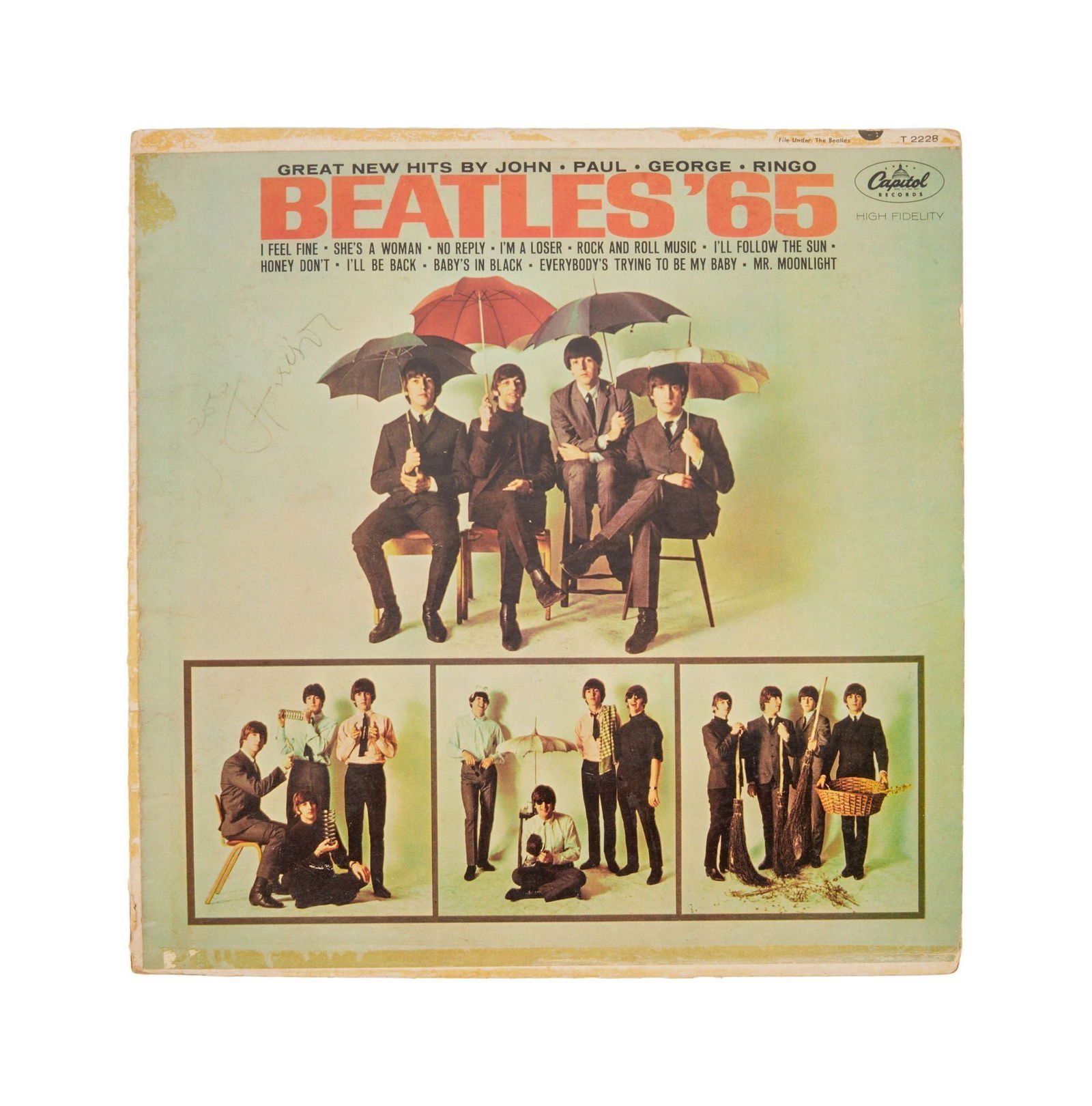 The Beatles | Band-Signed "Beatles '65" Record Album: An original 1964 Scranton, Pennsylvania Mono pressing of the record album, "Beatles '65" signed by all four members of the band: John Lennon, Paul McCartney, George Harrison, and Ringo Starr. Catalog