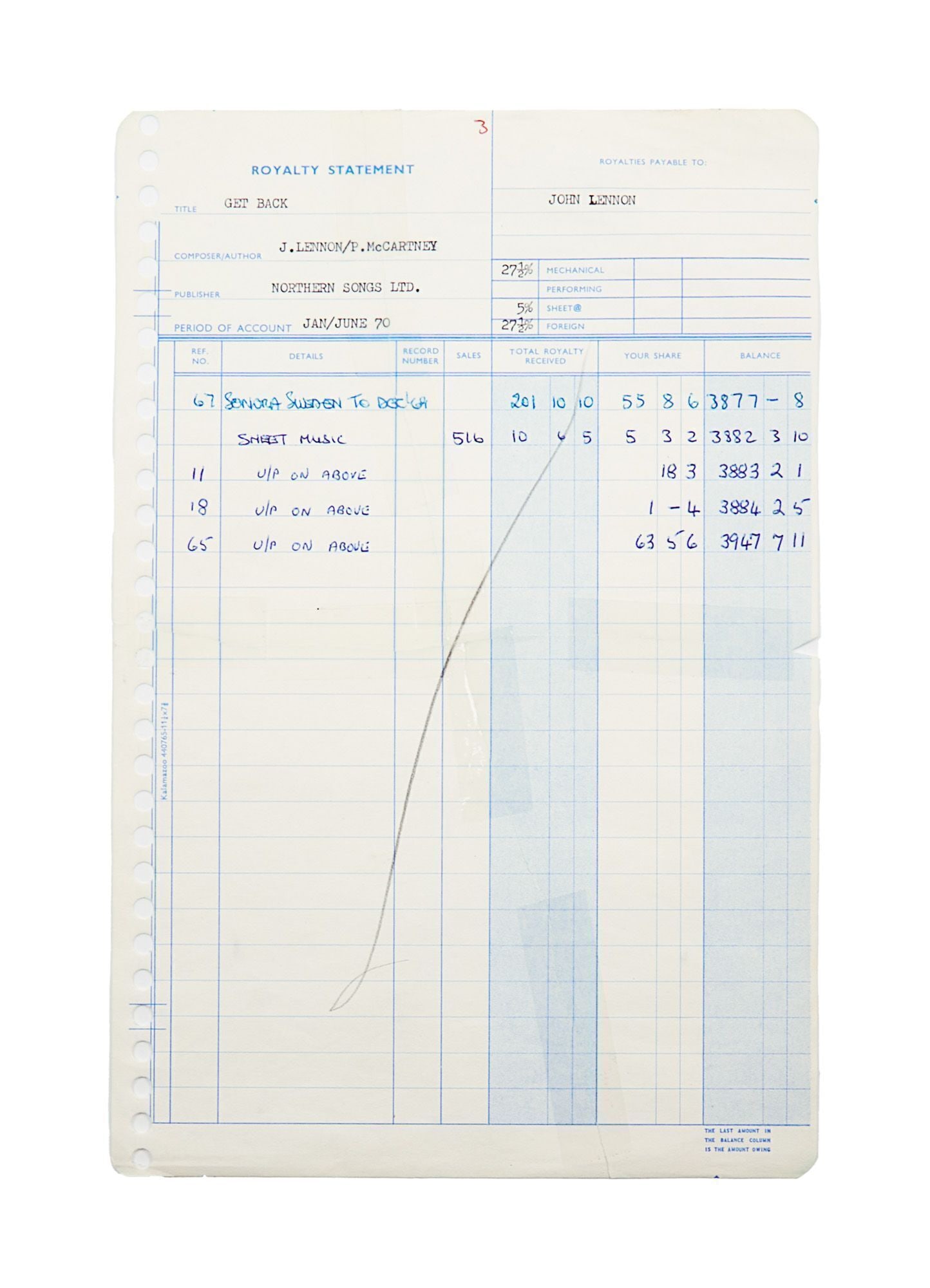 The Beatles | John Lennon "Get Back" Royalty Statement (1 of 2)