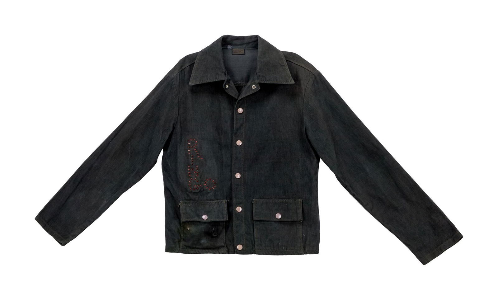 Ringo Starr | 1980s Personalized Light-Up Denim Jacket and Waistcoat: A black customized denim jacket and waistcoat, made for and owned by Ringo Starr, c. 1980s. The jacket features flashing red LED lights that spell out RINGO, labeled "Contact By Miller," size 38. The