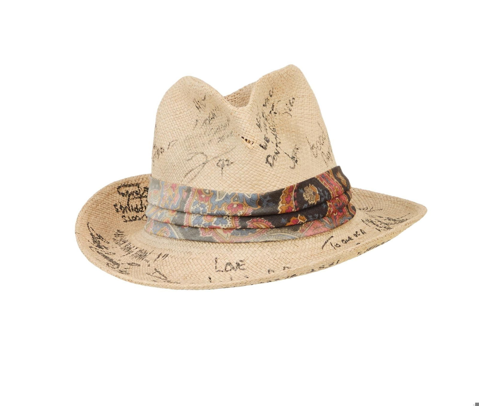 Ringo Starr & His All Starr Band | Band-Signed Hilary Gerrard 1992 Tour Panama Hat with Photos: A Panama-style straw hat with a paisley hat band, autographed by Ringo Starr & His All Starr Band that was owned and worn by Ringo’s business manager Hilary Gerrard during the group’s 1992