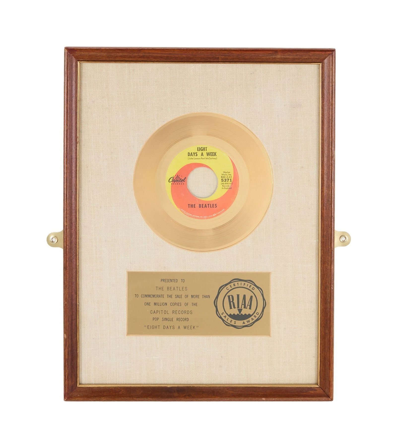 The Julian Lennon Collection | The Beatles "Eight Days A Week" RIAA "Gold" Single Record Award (1 of 3)