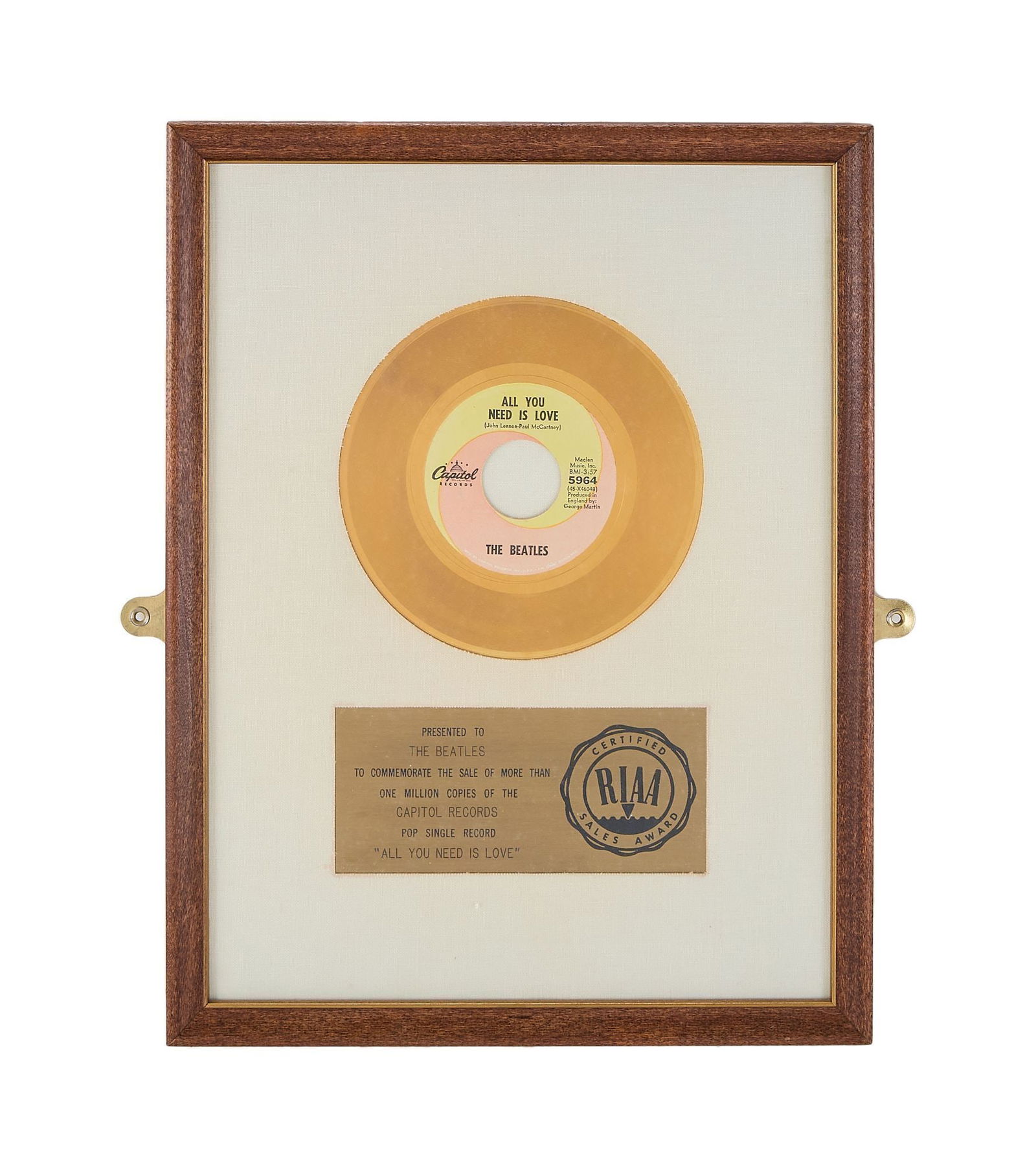 The Julian Lennon Collection | The Beatles "All You Need is Love" RIAA "Gold" Single Record Award (1 of 3)