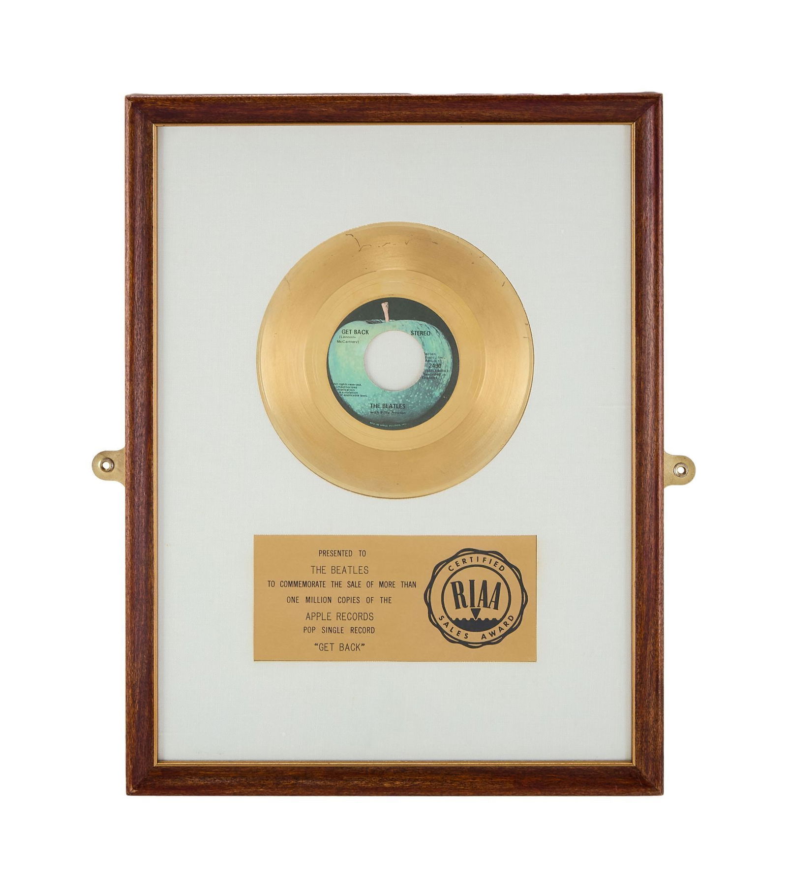 The Julian Lennon Collection | The Beatles "Get Back" RIAA "Gold" Single Record Award (1 of 3)