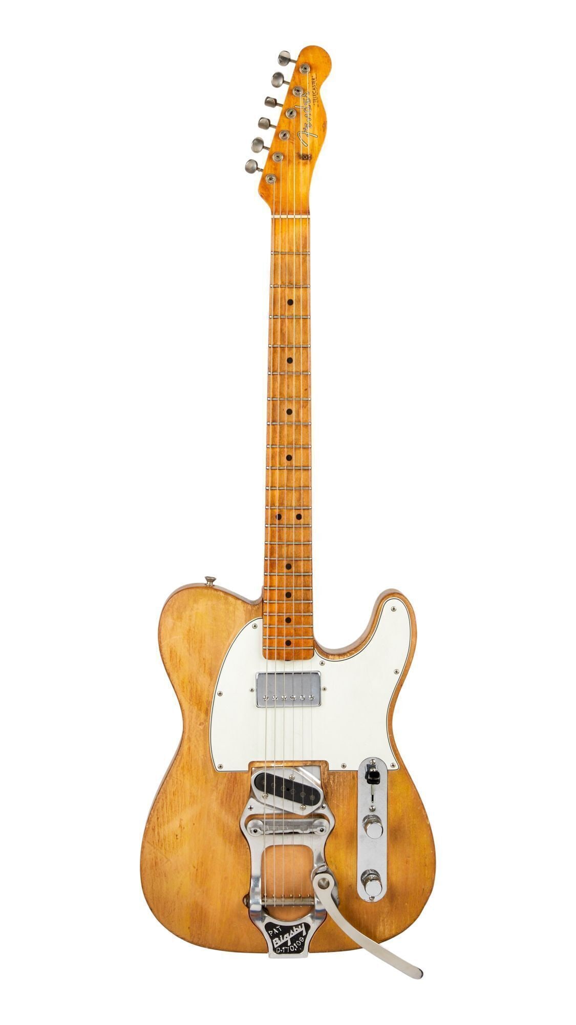 Bob Dylan and Robbie Robertson | 1965 Fender Telecaster Guitar with Book: A 1965 Fender Telecaster solid body electric guitar, serial #L97811, finish stripped to natural. Formerly owned, recorded, and stage played by Robbie Robertson of The Band, and stage played by Bob Dyl